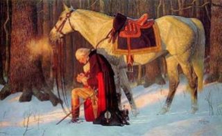 The original painting by Arnold Friberg is a romanticized depiction of Washington praying at Valley Forge. While there is no historical record of Washington praying in this manner (i.e. on his knees in the snow), Washington’s beliefs in the actions of Divine Providence (detailed below) are well-established fact.